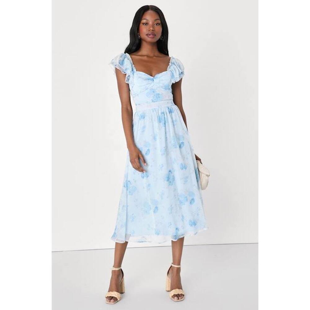 Lulus Loveliest Darling Light Blue Floral Ruffled Tie-back Midi Dress - Size XS
